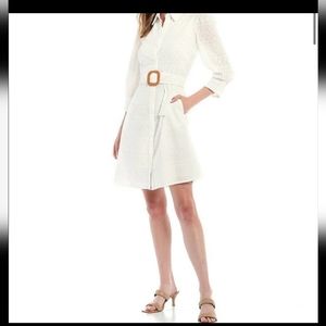 Vince CamutoBelted Cotton Eyelet Button Front 3/4 Sleeves Dress